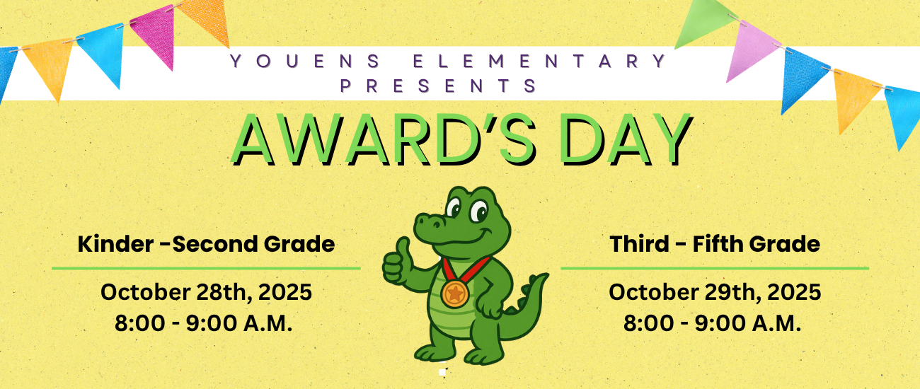 Gator with medal announcing Award's Day 2025-2026 1st 9 Weeks