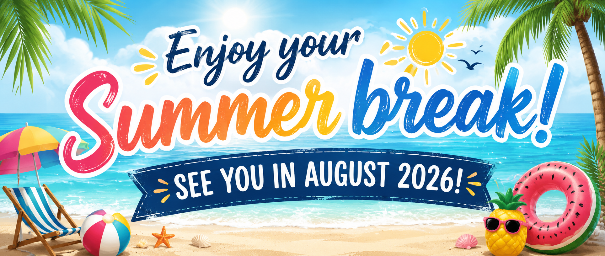 Advertisement for summer break. Text reads, "Enjoy your Summer break! See you in August 2026!" Beach setting.