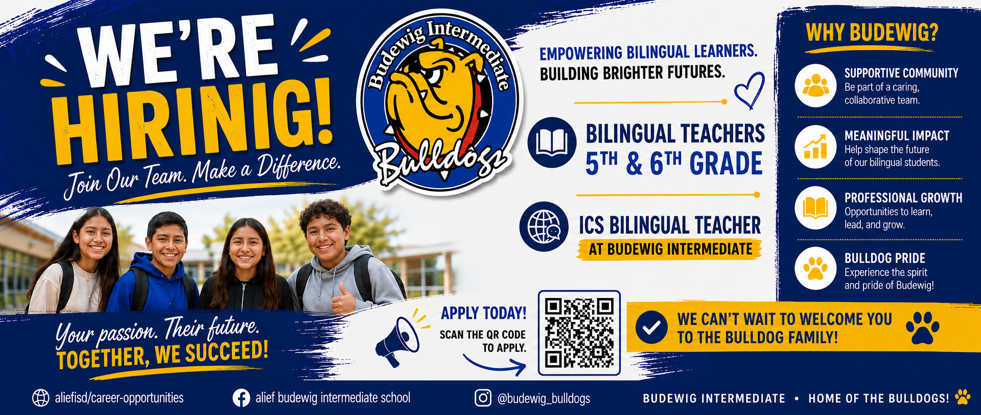 An ad for a school with a logo and mascot. It says "We're Hiring!" with four smiling students and details about bilingual teacher positions.