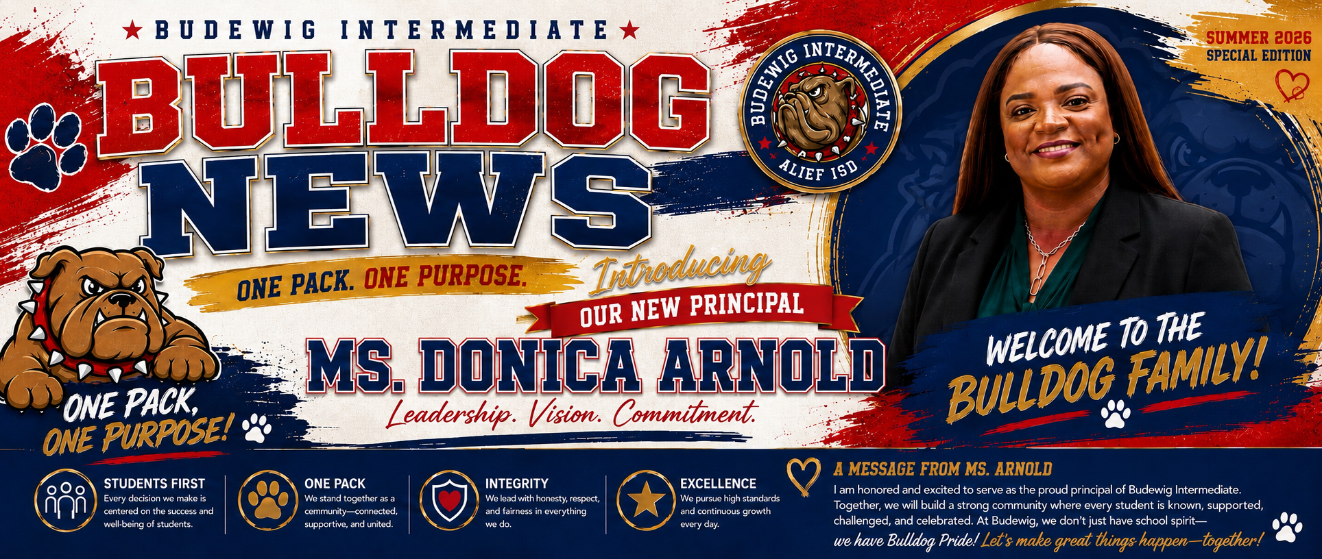 A poster announces "Bulldog News" with a woman named Ms. Donica Arnold, principal, and a bulldog mascot.
