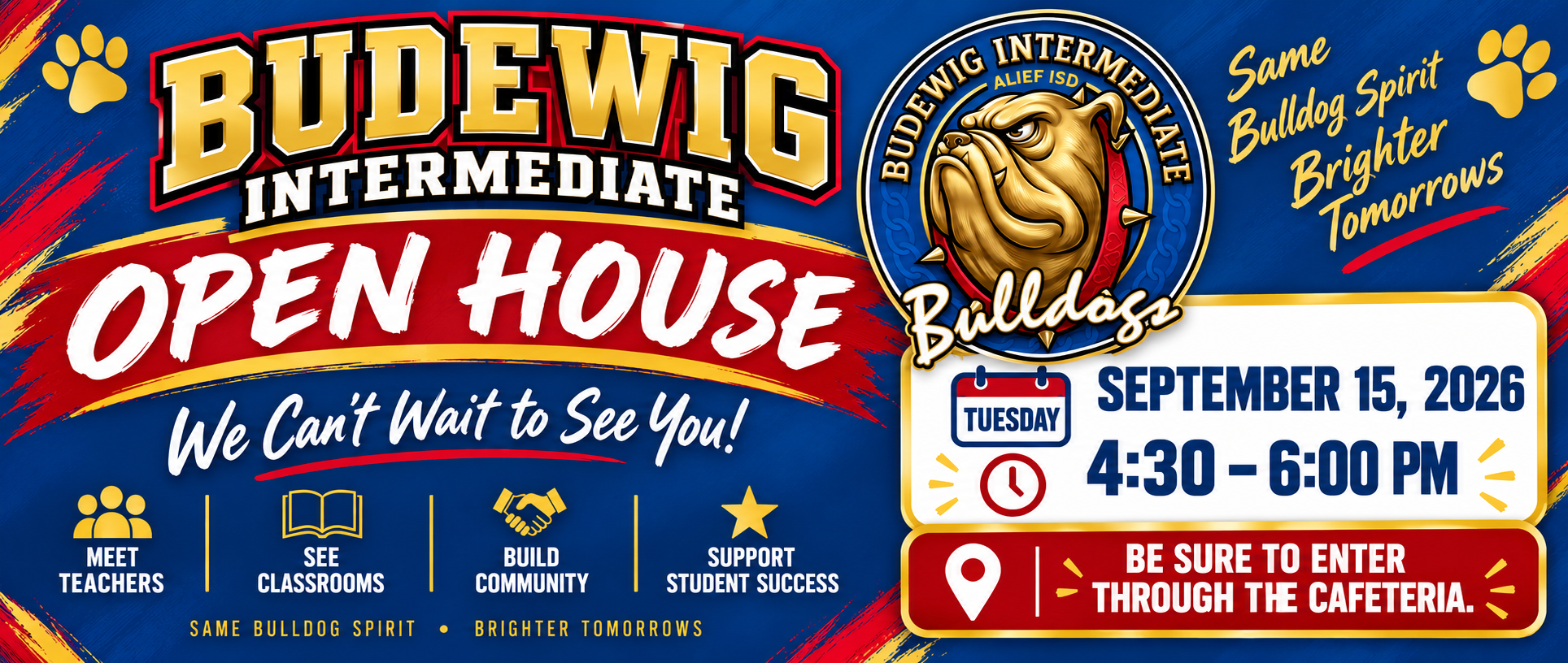 Poster promoting Budewig Intermediate's Open House with "OPEN HOUSE" in bold letters. Date and time are September 15, 4:30-6:00 PM.