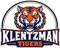 Logo of Klentzman Tigers with an image of a tiger's head in orange, white, and blue.