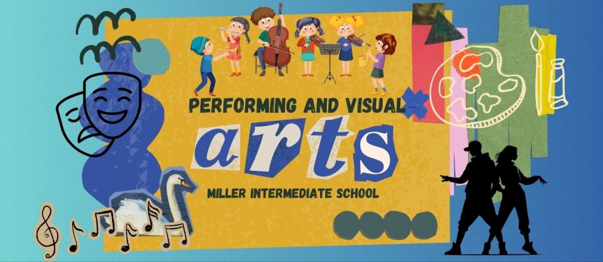 A blue background displays a yellow banner with "Performing and Visual arts" and a smiling face. Kids play instruments and paint.