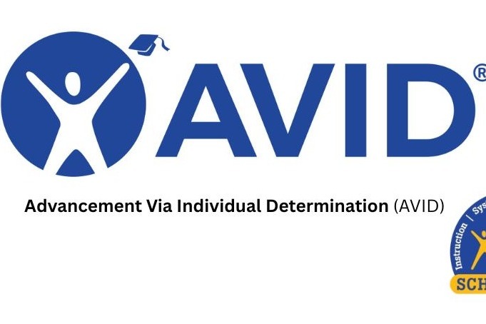 Blue circle logo with a person in graduation cap. Text reads "AVID" and "Advancement Via Individual Determination".