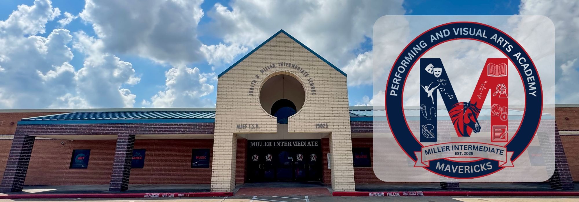 Building exterior with arched entrance. Logo on right side with the letters M and MA.