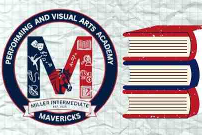 Logo shows blue, red, white circular emblem with "M" and "Miller Intermediate Mavericks" text beside a stack of books.