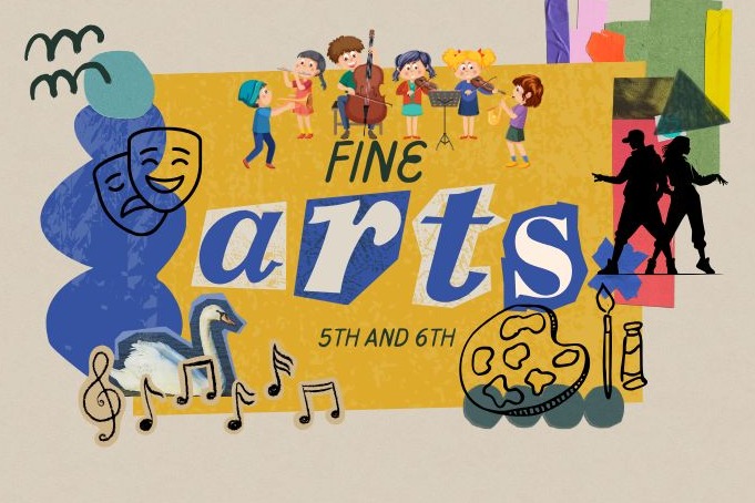 A colorful graphic featuring multiple children, musical notes, and other art-related symbols against a light background.