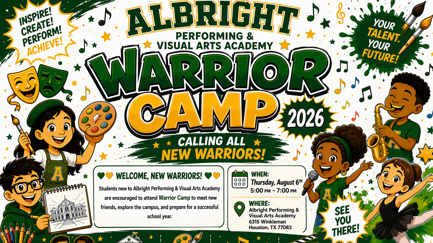An event poster with text "ALBRIGHT WARRIOR CAMP 2026" and illustrations of children holding instruments and art tools.