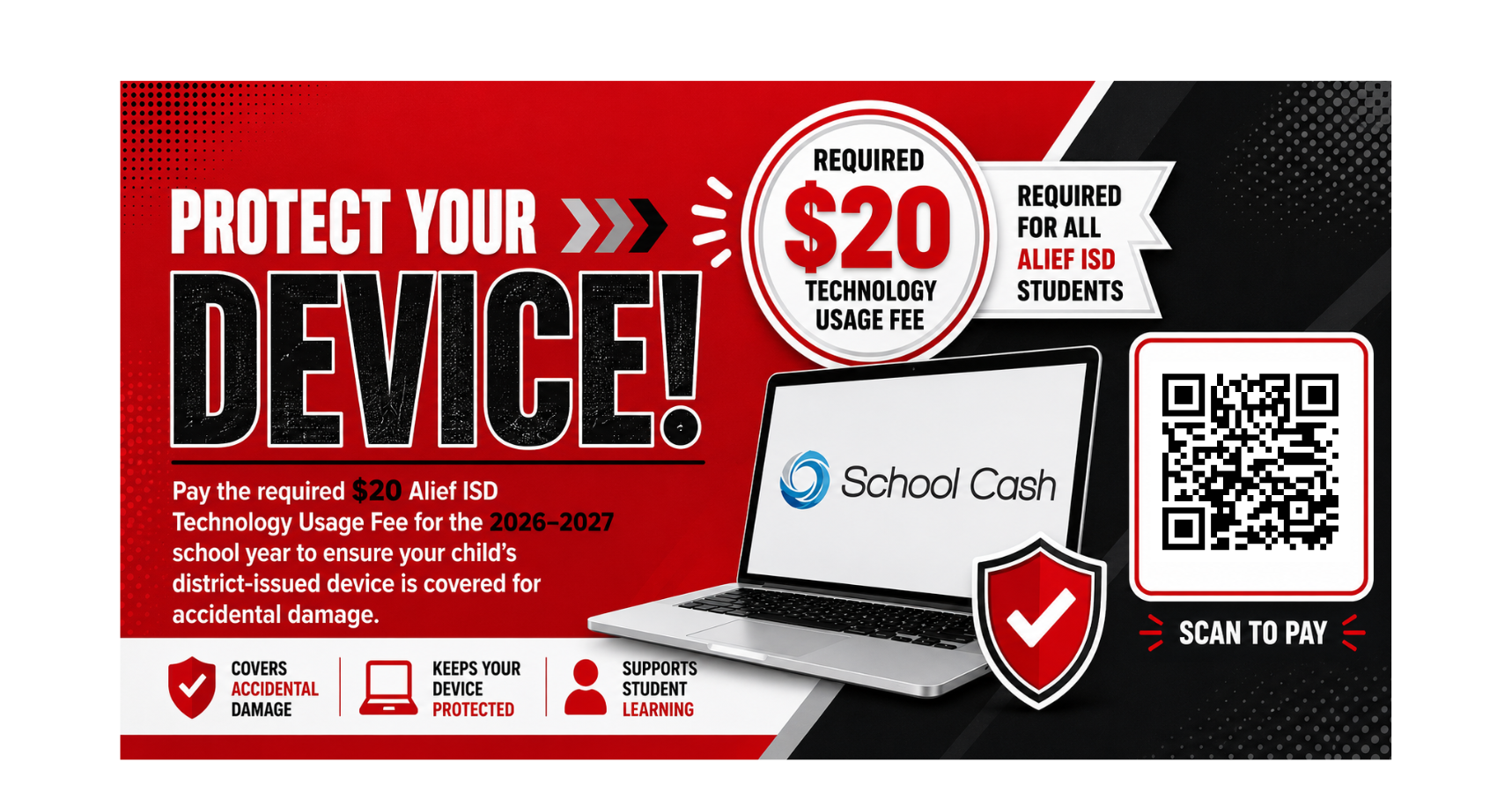 A poster promoting device protection. It shows an open laptop, a shield, a QR code, and text including "Protect Your Device!".