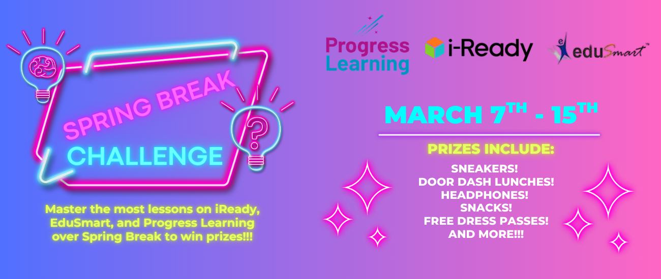 A poster with purple and pink background. The text reads "Spring Break Challenge" and "March 9th - 15th" with logos.