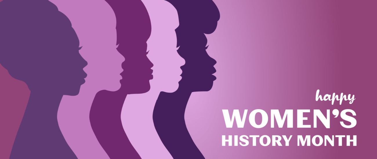 Silhouettes of four women in purple gradient, celebrating Women's History Month with text on a purple background.