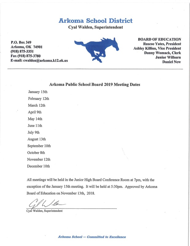 An image of the Arkoma Public School Board 2019 Meeting Dates.