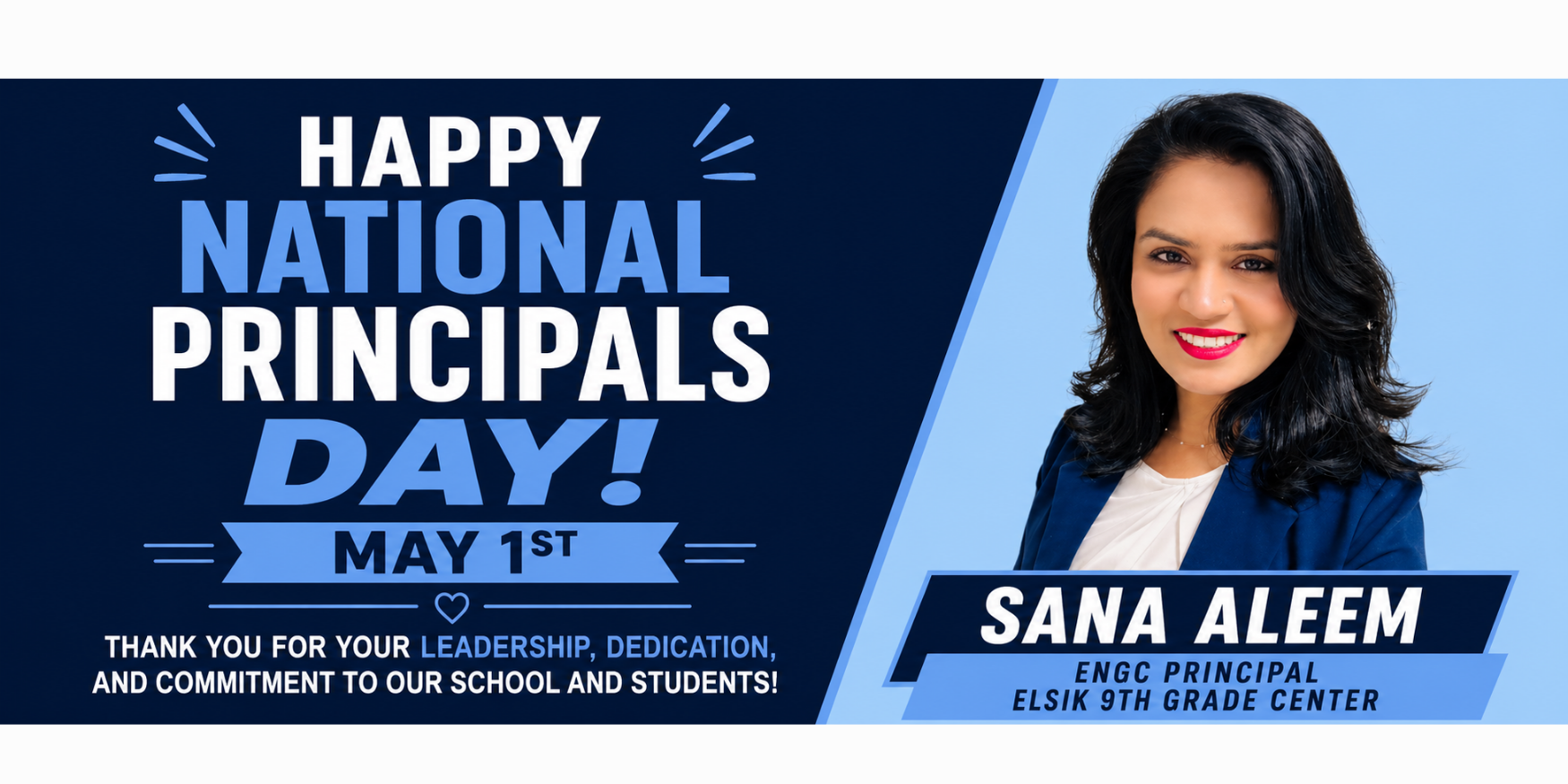A blue and white poster celebrates National Principals Day. It features a smiling woman in a blue blazer and pink lipstick.