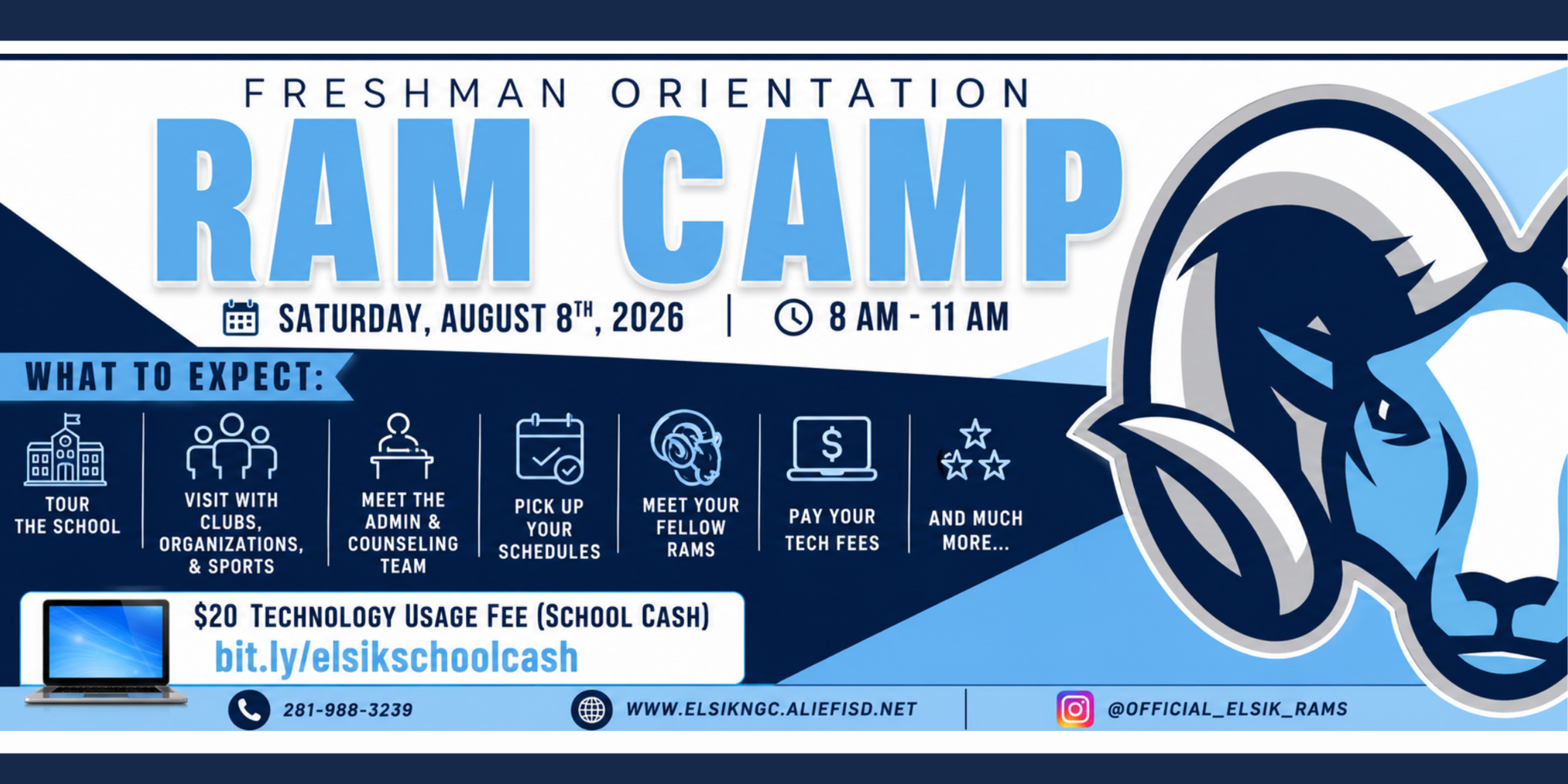 Banner for "Freshman Orientation RAM Camp" on Saturday, August 8, 2020, from 8 AM to 11 AM. Features a blue ram logo, schedule, and icons.