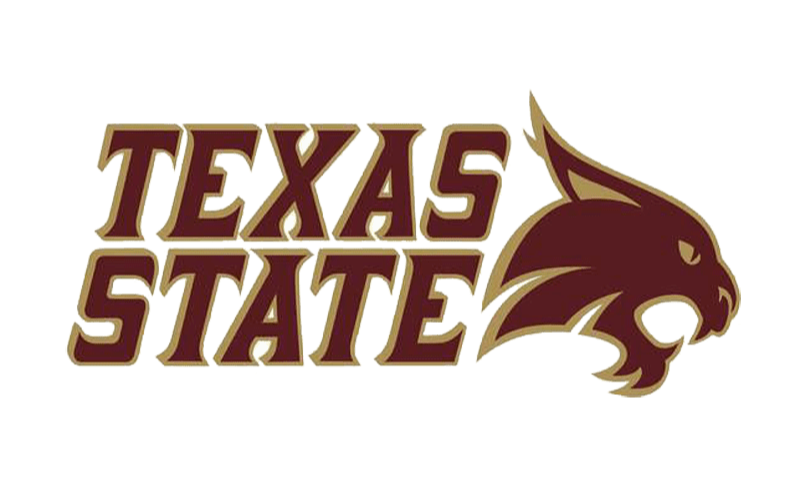 Texas State logo featuring bold gold and maroon text with a stylized wildcat head on a black background.