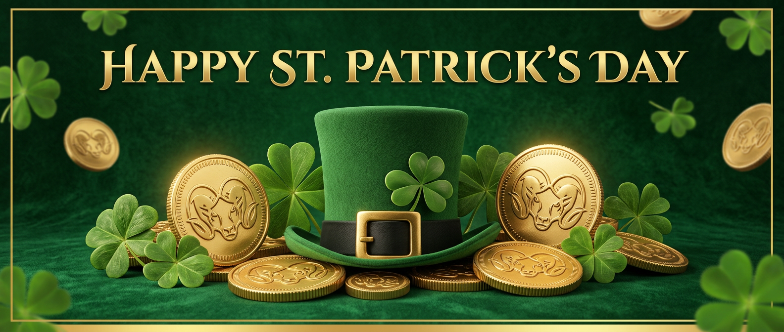 "Happy St. Patrick's Day" in white text with a leprechaun hat, shamrocks, and gold coins on a green background.