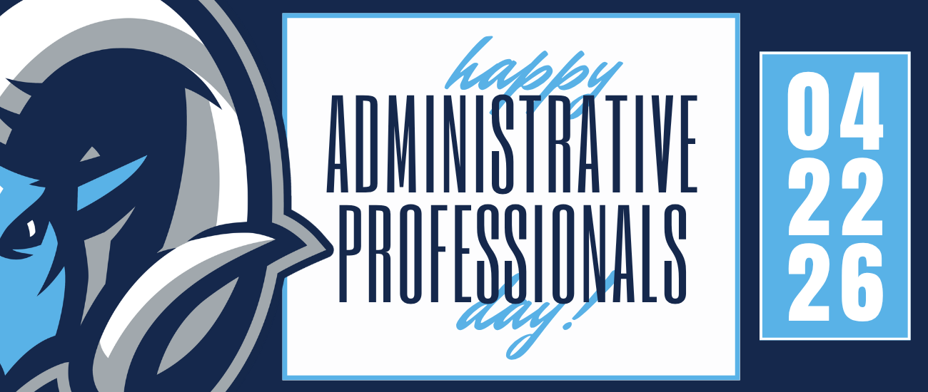 Blue and white graphic with a stylized face, white text reading "happy ADMINISTRATIVE PROFESSIONALS day!" and a date "04 26".