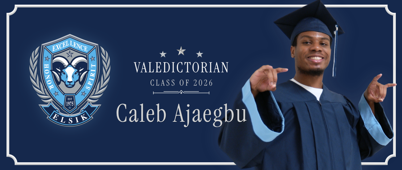 A man in a graduation gown stands with a blue background, next to a logo. "Valedictorian Class of 2024 Caleb Ajaegbu" is displayed.