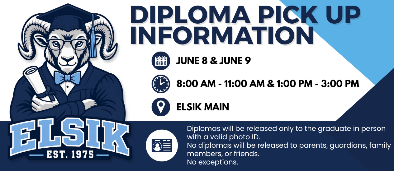 Blue and white flyer with an illustration of a mascot. Text reads "Diploma Pick Up Information" with dates, times, and location.