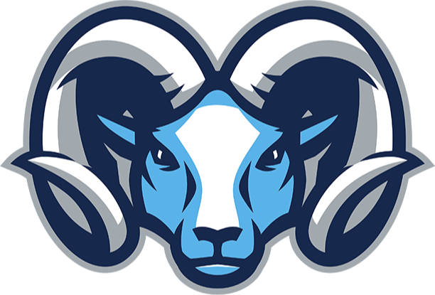A blue and white ram's head logo with prominent curved horns on a black background.