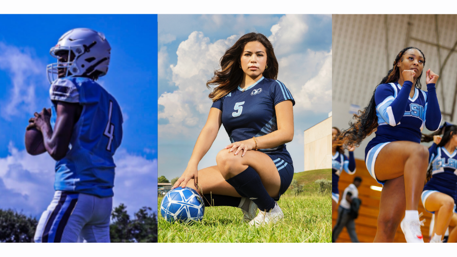 Four panels with athletes in blue uniforms: one pitches, one holds a football, one crouches with a soccer ball, and one poses.
