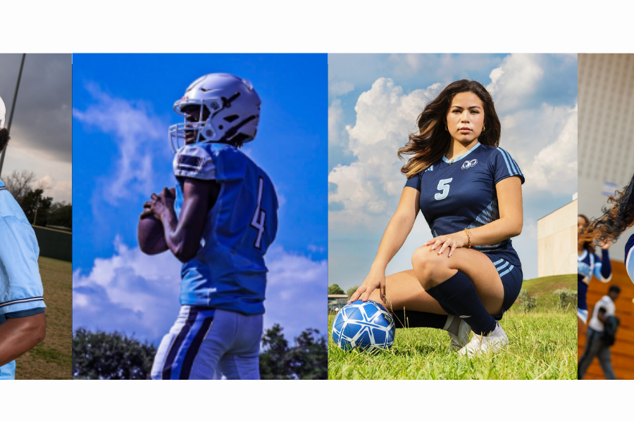 Four panels of people in sports gear. A baseball player, a football player, a soccer player, and a cheerleader.