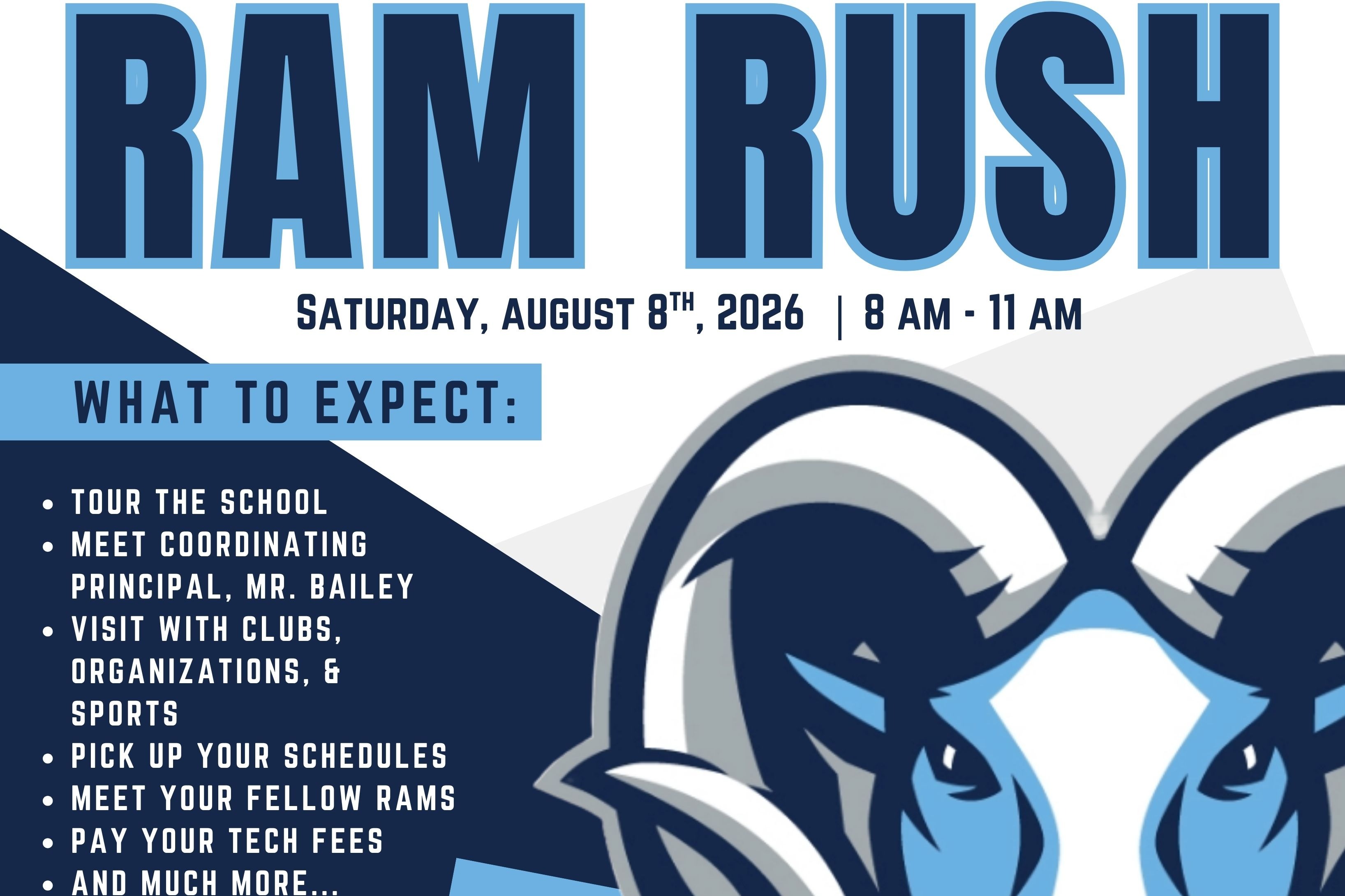 Blue ram face on a blue background with white text. The text is for a school event called "RAM RUSH."