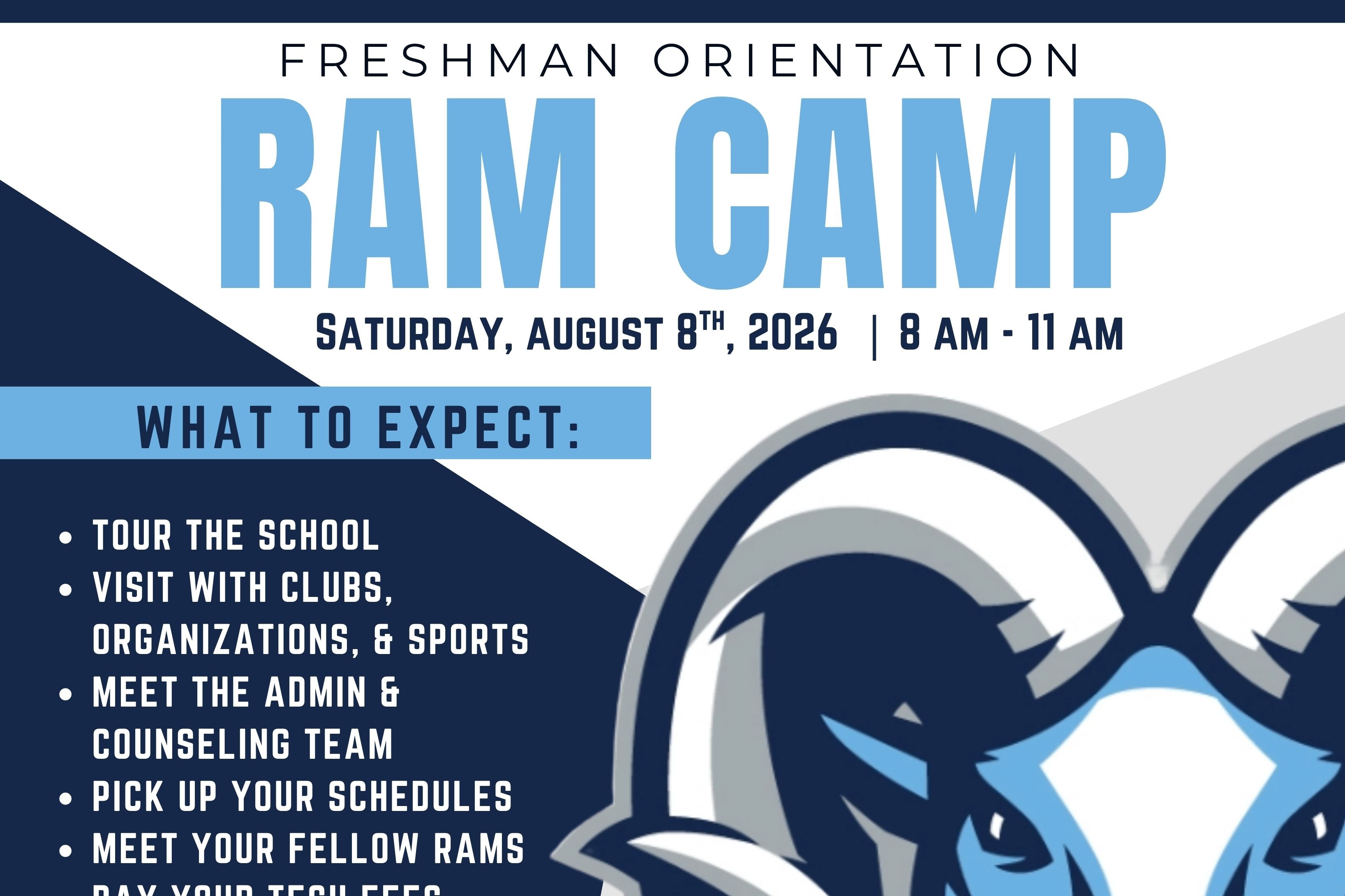Blue and white graphic with blue ram head, laptop icon, text explaining what to expect at orientation.