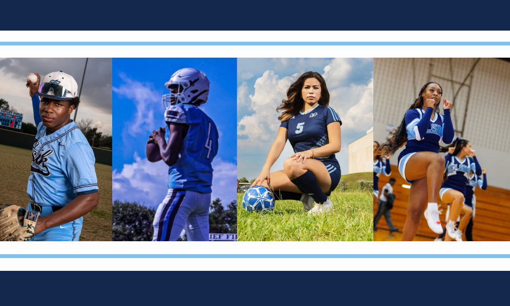 Four athletes in sports gear. One holds a baseball, another a football. A woman sits on grass with a soccer ball. Another woman holds a ball.