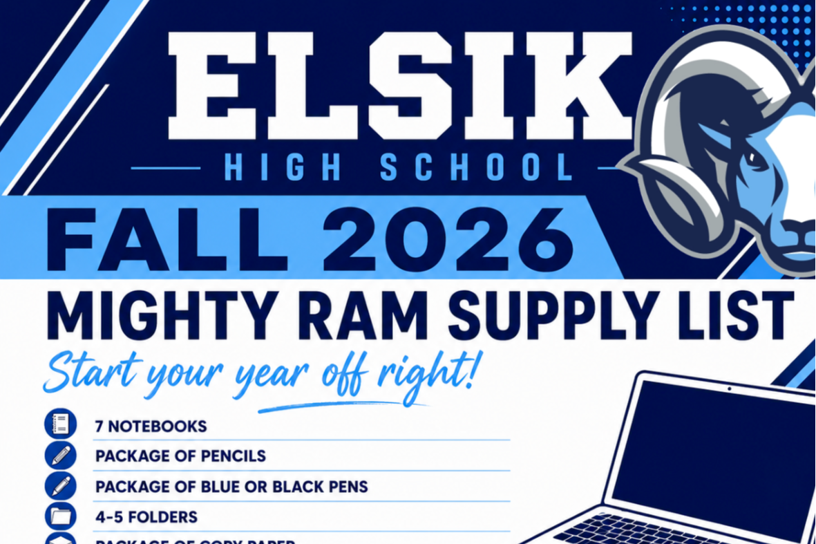 Blue and white poster for Elsik High School Fall 2026. Shows laptop, supplies list, and text about paying a tech fee.