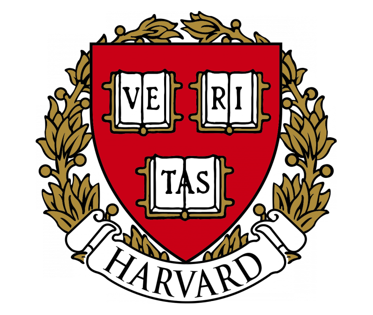 Red shield with three open books in gold. "VERITAS" written in gold. Leaves around shield. "HARVARD" in white on black background.