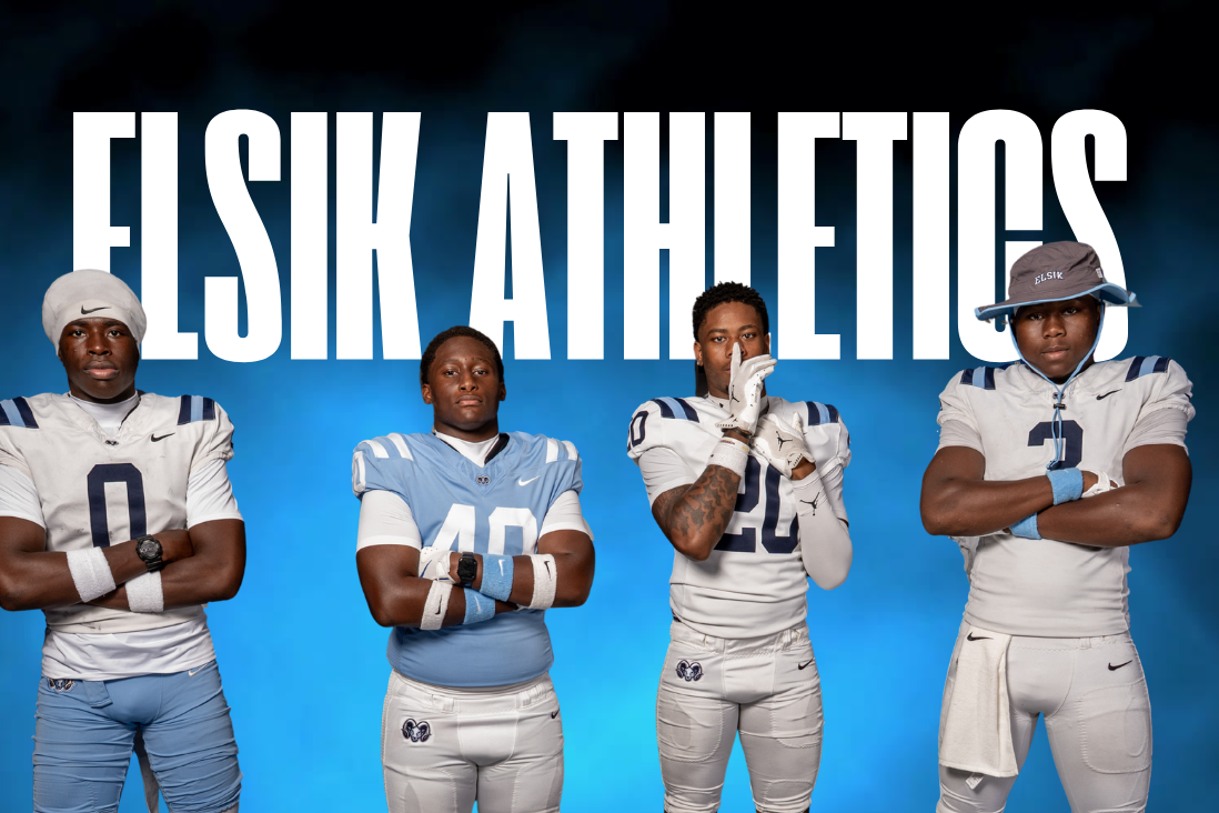 Four men stand close, wearing football uniforms. They are positioned in front of the text "ELSIK ATHLETICS".