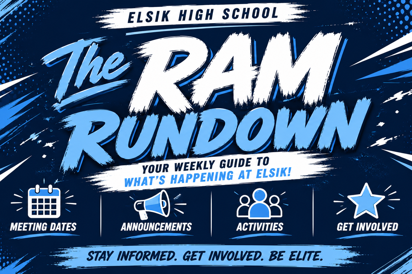 A blue poster with bold text. It reads "The RAM RUNDOWN" in large letters. Below, four icons represent meeting dates, announcements, activities, and getting involved.