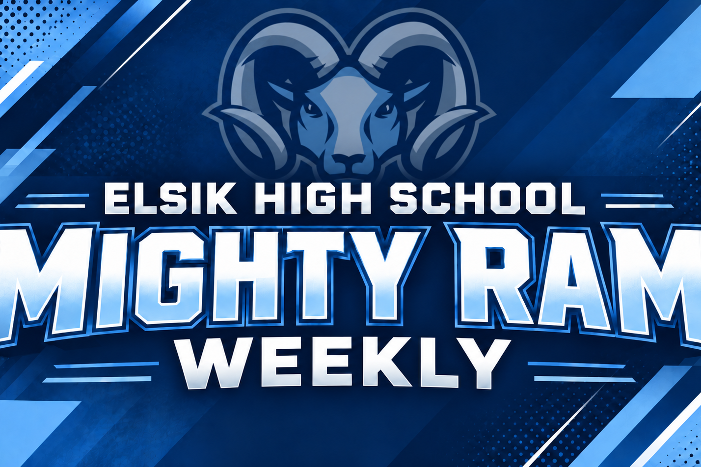 Elsik High School's Mighty Ram Weekly logo on a blue background. It features a ram head in blue.