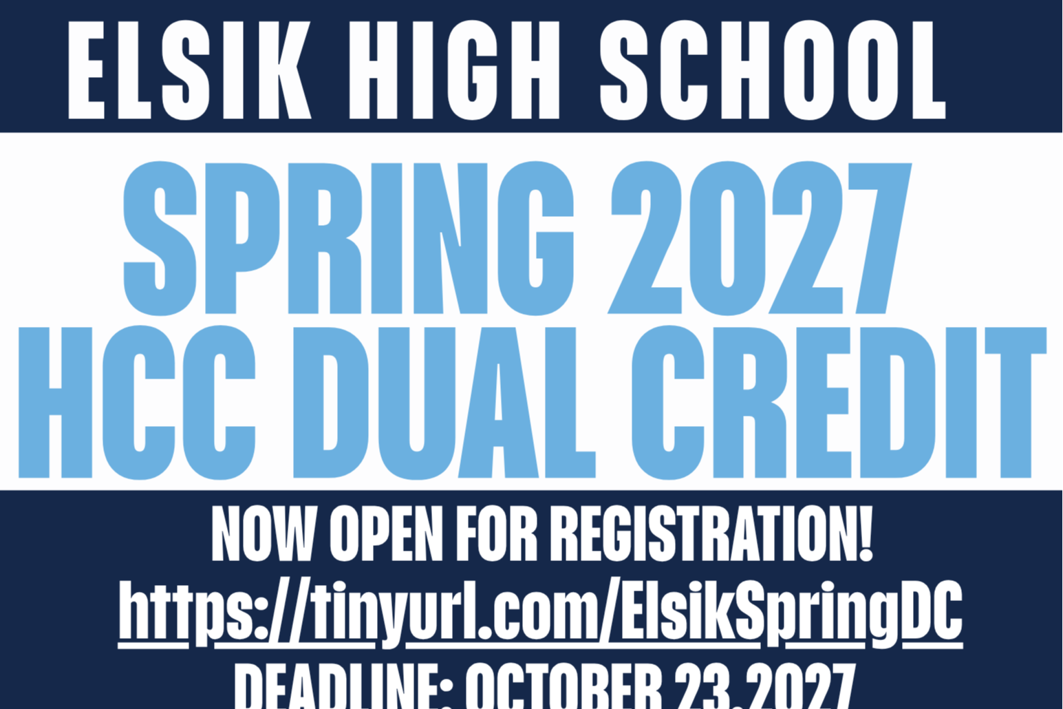 An advertisement for Elsik High School Spring 2027 HCC Dual Credit. It features a blue ram logo, a QR code, and text.
