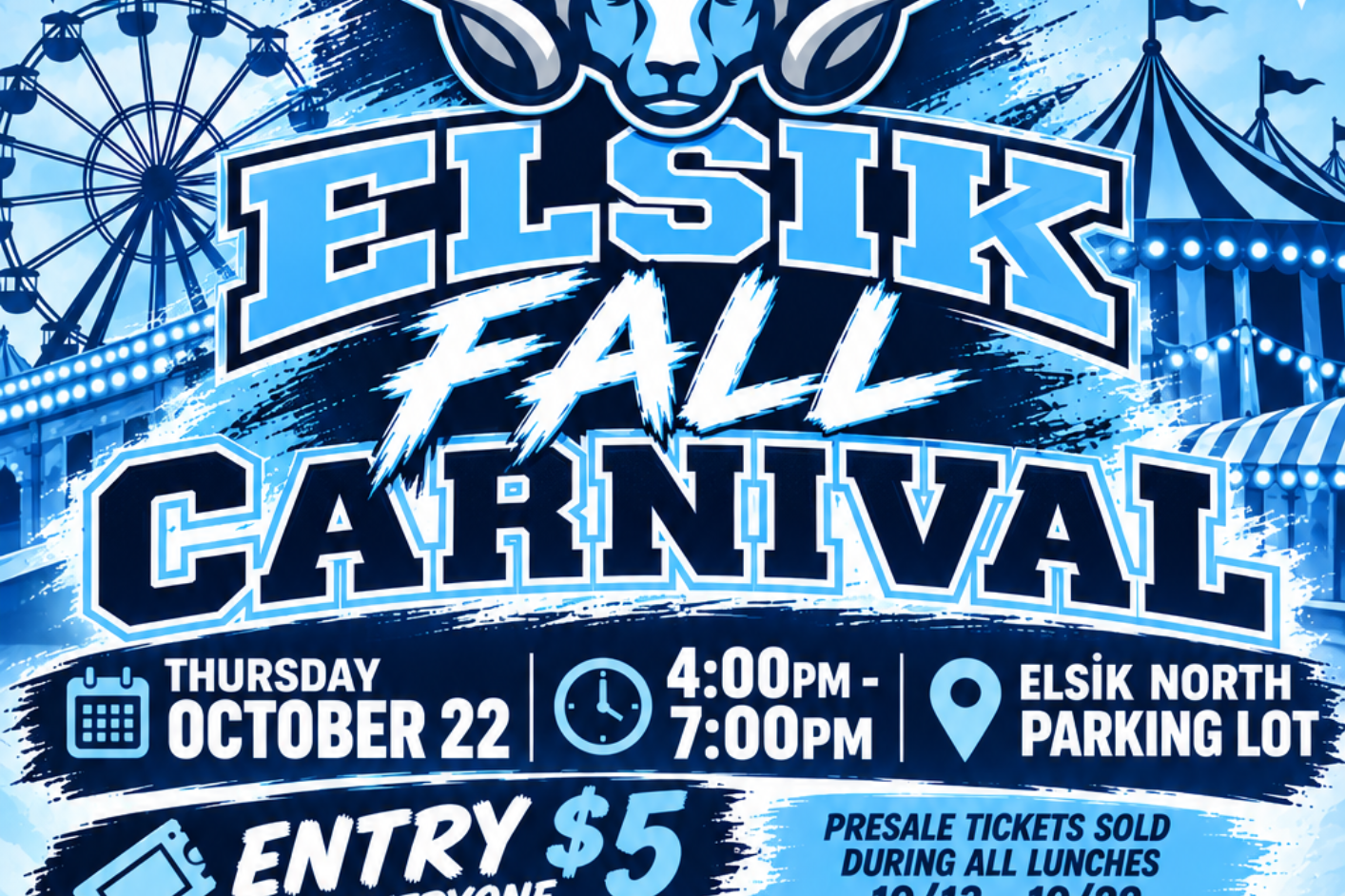 An event poster advertises the Elsik Fall Carnival. It includes entry price, date, time, and attractions. The date is Thursday, October 22.