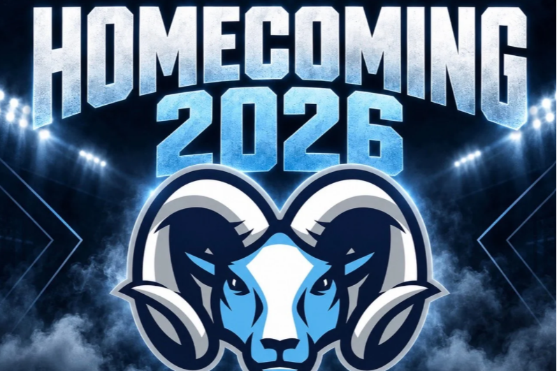 Blue ram face and horns on a dark smoky background. "Homecoming 2026" at top. "October 13th-16th Coming Soon" at bottom.