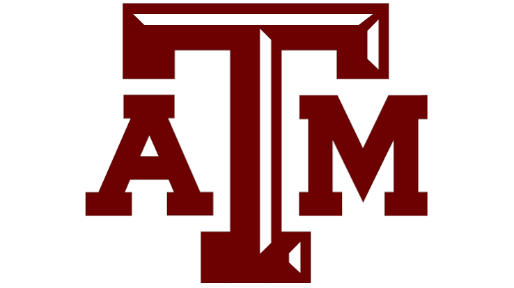 Red Texas A&M University logo with "A" and "M" letters connected by a line, on a white background.