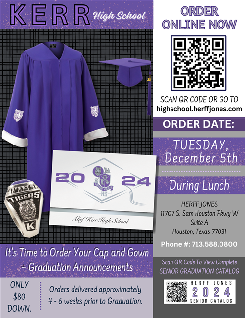 Kerr Cap and Gown Ordering information.  Use QR code to access site.