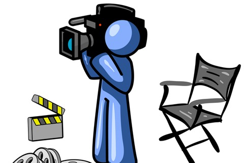 Blue person with camera filming with a clapboard and director's chair