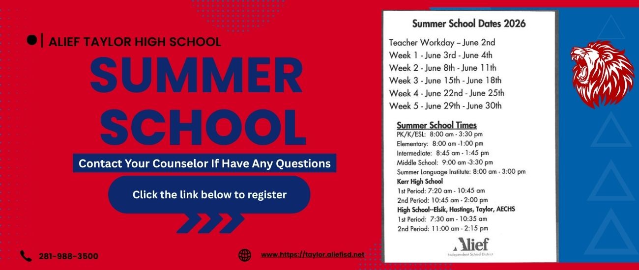 A red and white graphic displays "Summer School" with a logo. Contact information is available below.