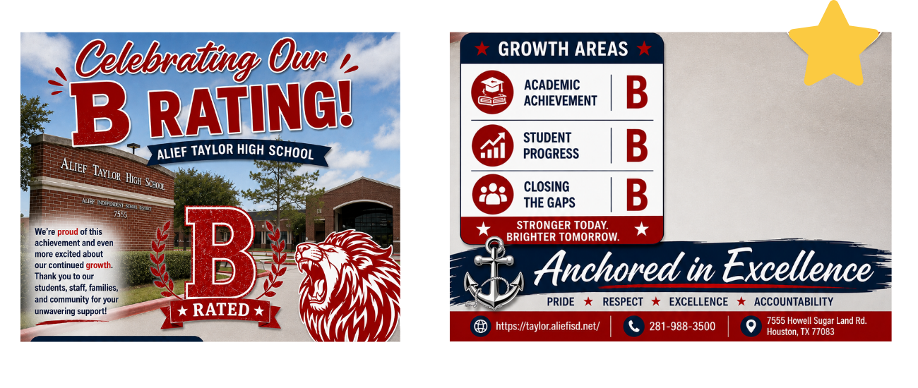 Two posters side by side. Left poster features a building with "Celebrating Our B Rating!" and a red lion. Right poster has "Growth Areas" and "Anchored in Excellence" with icons.