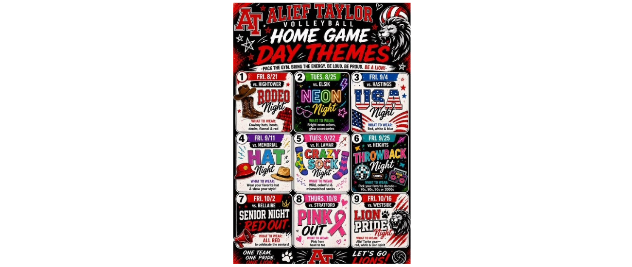 A poster showing 11 different home game themes with images and text in various colors.