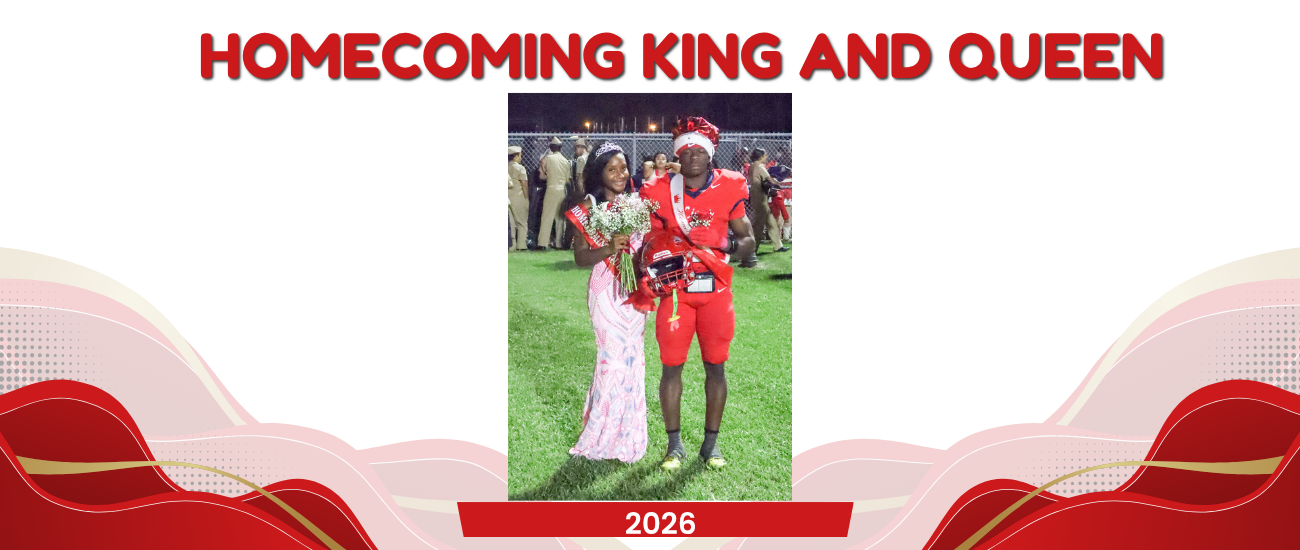 Text: Homecoming King and Queen 2026. Two people stand on a green field, dressed in red.