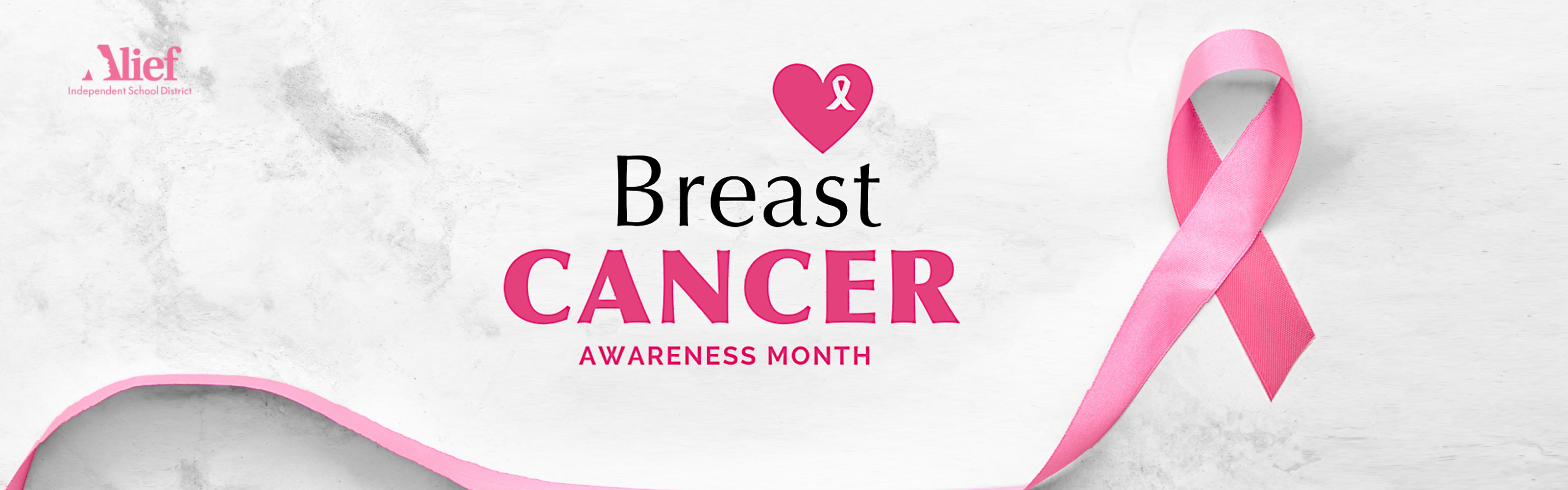 Title Breast Cancer Awareness Month with a pink ribbon across the frame and a pink heart above the title, with a pink colored district logo in the upper left area.