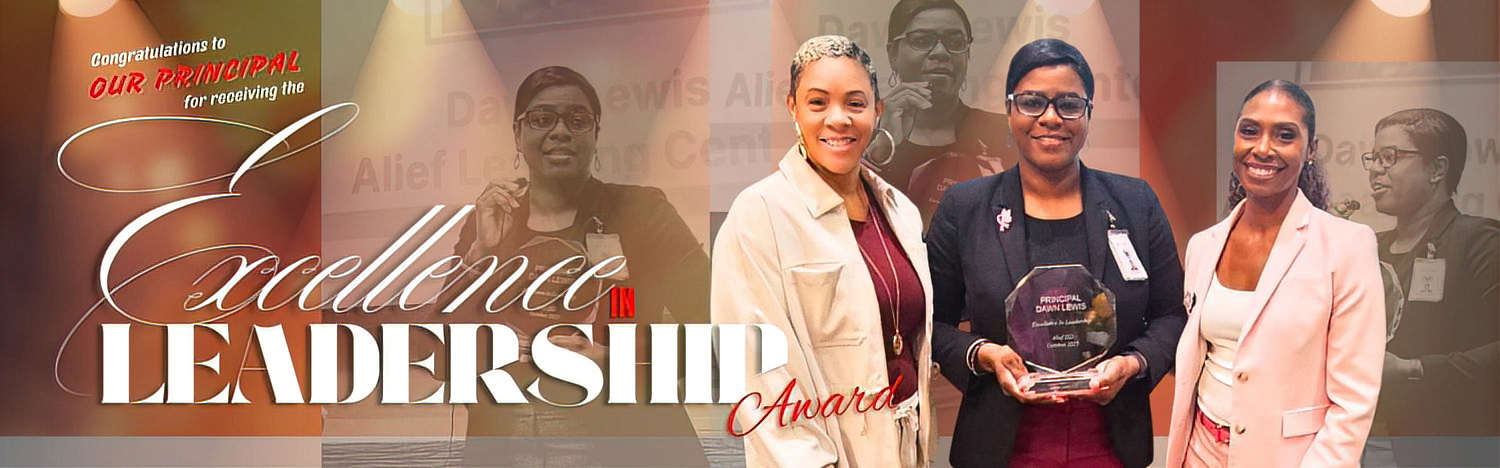 Excellence in Leadership Award for Principal Lewis featured in multiple photographs with main award presentation by District Leadership
