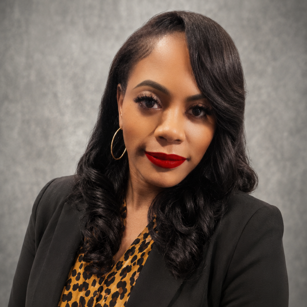 A woman with dark hair in a leopard-print top and black blazer poses against a gray background.
