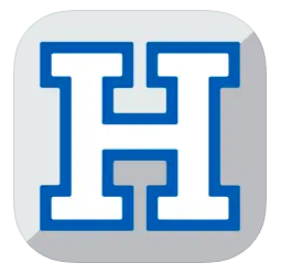 App icon with gray background and large, bold capital letter H in white with a royal blue border