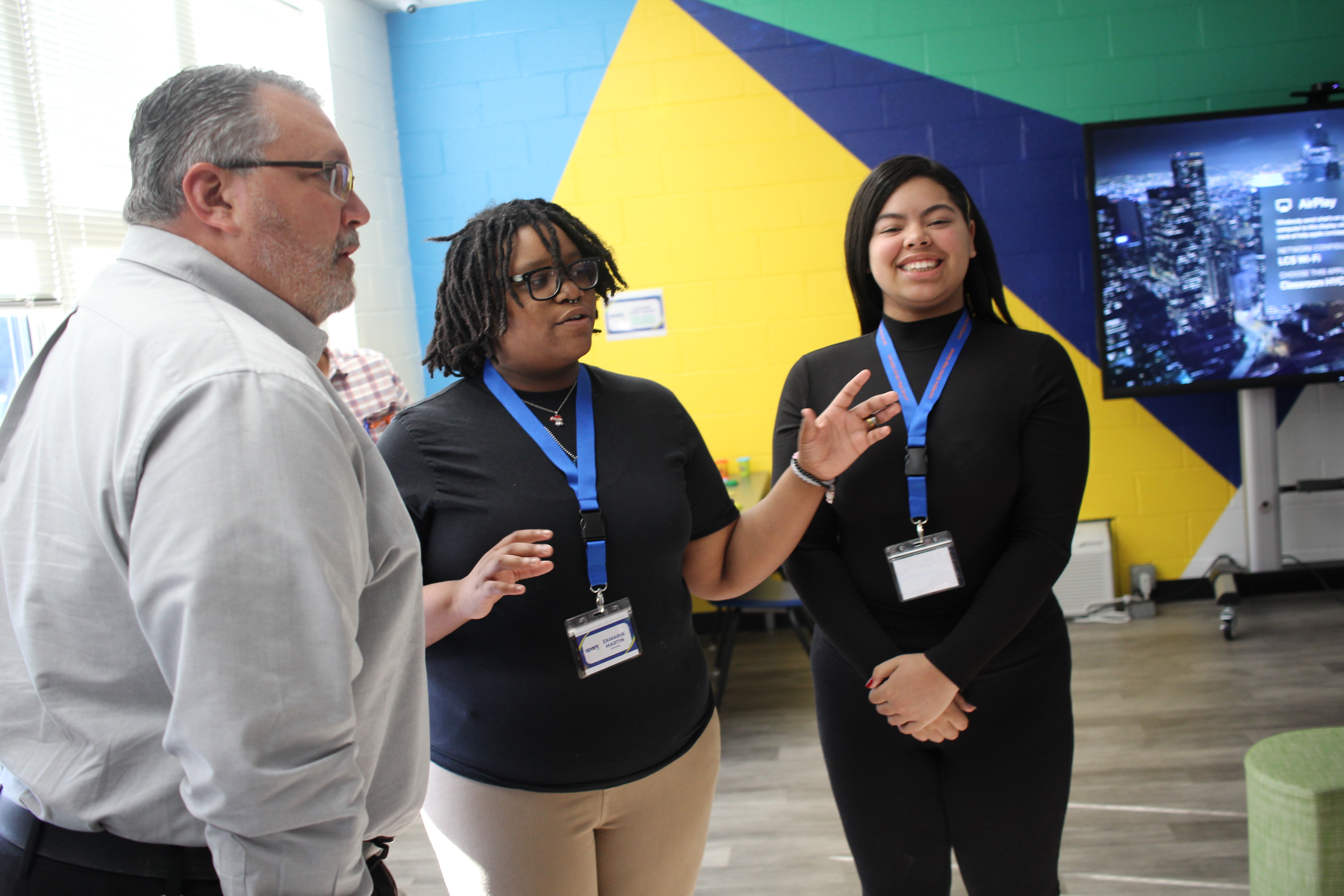 Students Zamaria Martin and Violet Shaw speak with Mayor Jason Hayes, the Mayor of Lexington, NC!