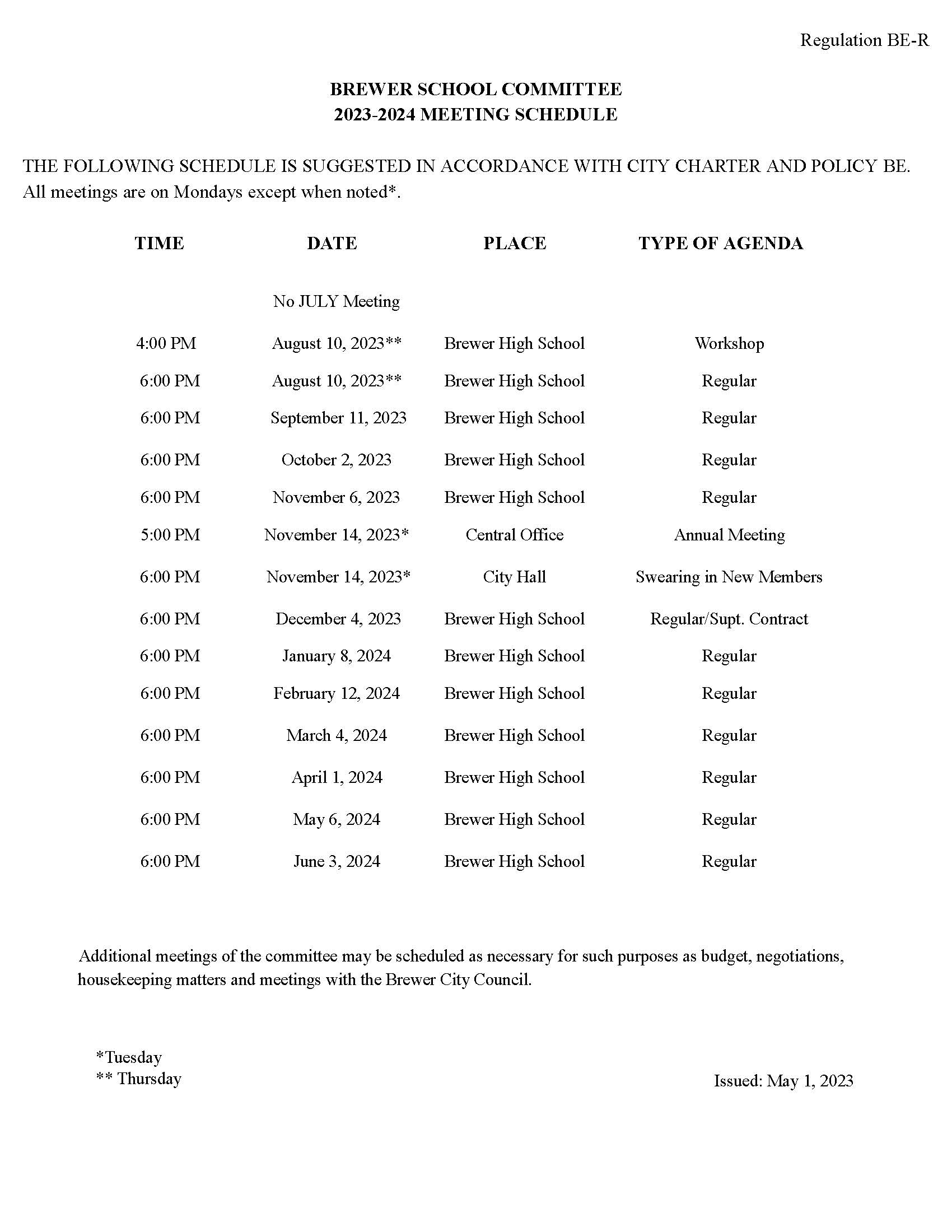 20232024 School Committee Meeting Schedule Brewer School Department